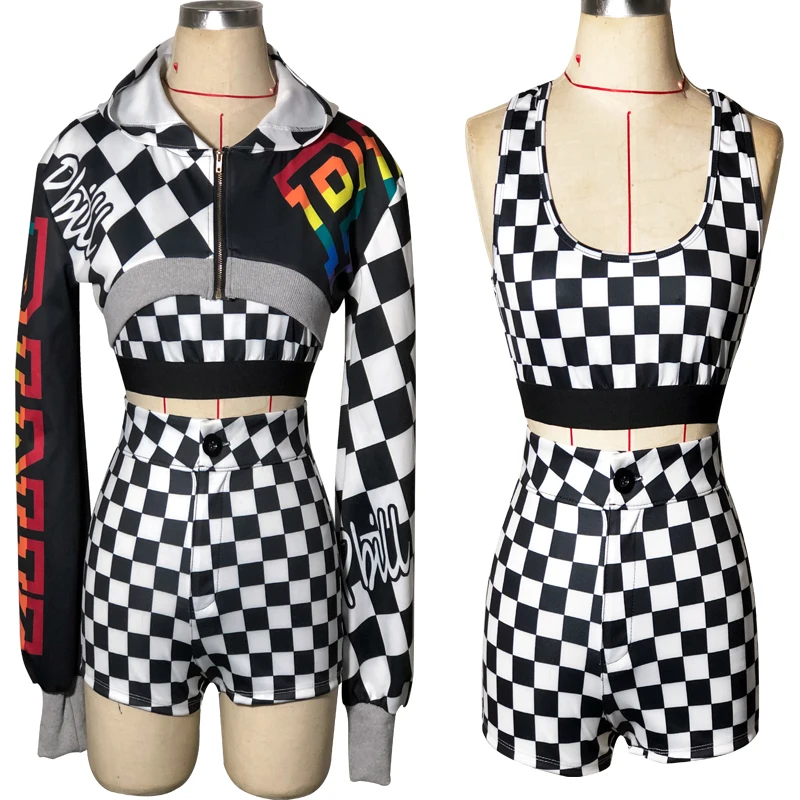 

3 PCS/SET Jazz Dance Costume Sexy Outfits for Woman Grid Printed Hip-hop Suit Beyonce Dance Performance Clothing