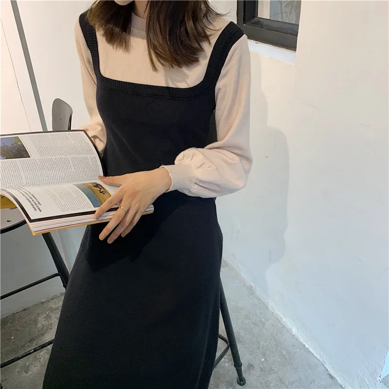 

2019 Spring Women Dresses High Waist Patchwork Korean Style Casual Dress Elegant Women Fake Two Pieces Female Vestidos