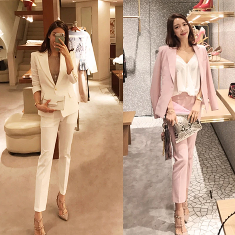 Pink Made Two Piece Set Office Suit Women Long Jacket+Long Pant Suits Businness Pink Made Two Piece Set Office Suit Women Long Jacket+Long Pant Suits Businness