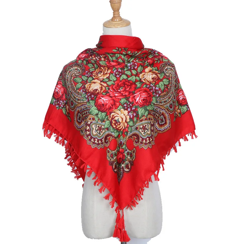 Горячая Распродажа, большой размер, квадратный шарф в русском стиле, хлопковый длинный шарф с кисточками, брендовая весенне-зимняя шаль, Женская шаль из пашмины - Цвет: 90cm  Red