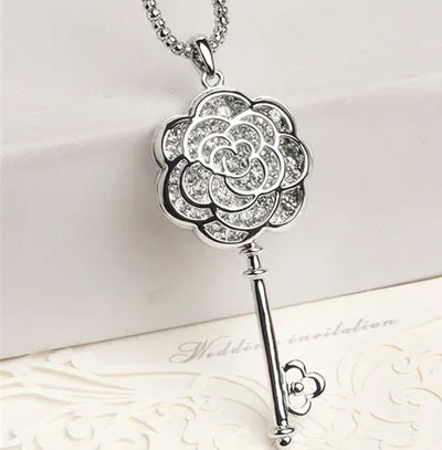 Rose flower key pendant necklace 2015 New women korean luxury jewelry collier femalel collana colar chave