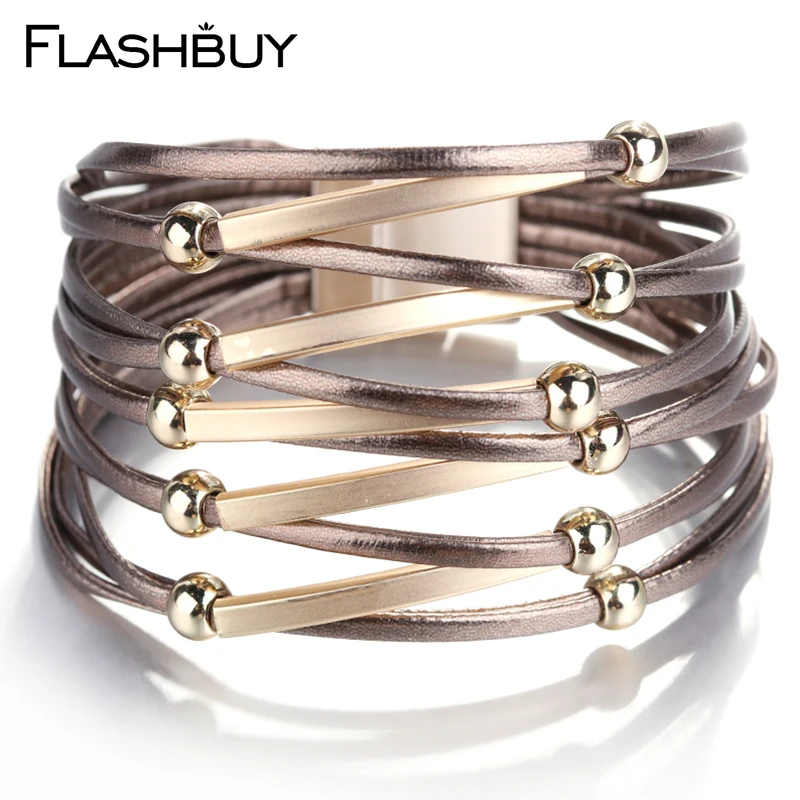 

Flashbuy Multilayer Casing Leather Bracelet For Women Jewelry Rhinestones Alloy Charm Leather Classic Bohemia Wrap Bracelets