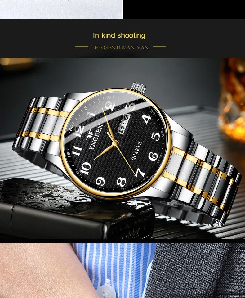 FNGEEN, роскошные Брендовые мужские часы, водонепроницаемые, ремешок из нержавеющей стали, кварцевые часы, модные, с календарем, мужские