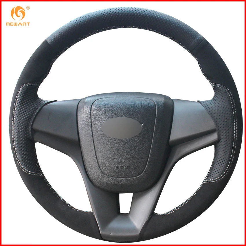 MEWANT Black Genuine Leather Black Suede Car Steering Wheel Cover for