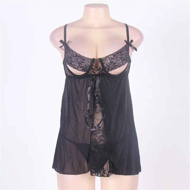 Black Open Cup Steel Ring Babydoll Sexy Lingerie Hot Women Lace Halter Erotic Lingerie Plus Size Sexy Underwear Porn G-String
