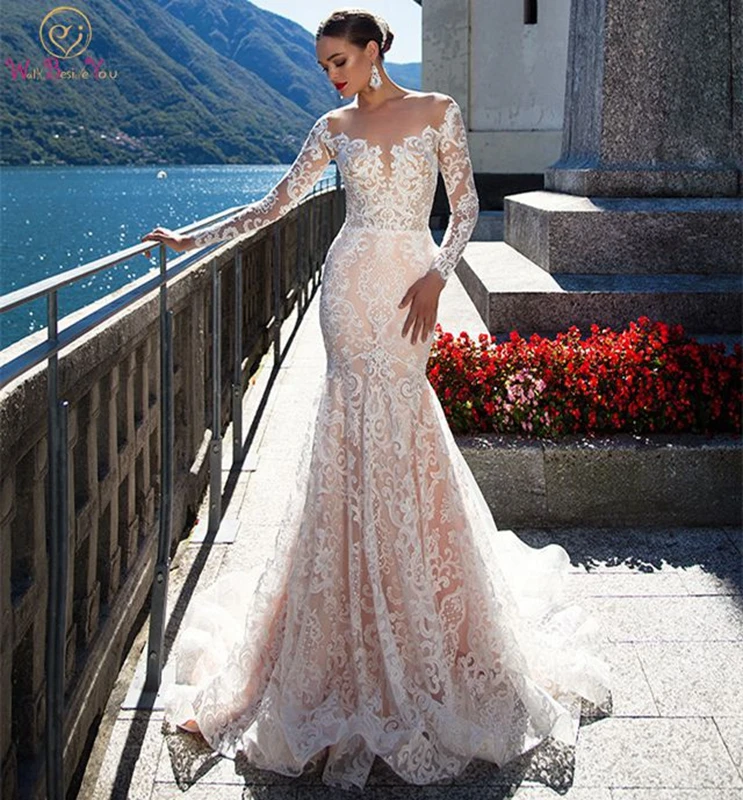 

New Gorgeous Wedding Dress Mermaid 2019 O Neck Long Sleeves Sweep Train Tulle Robe De Mariee Appliques Bridal Gown Vestidos