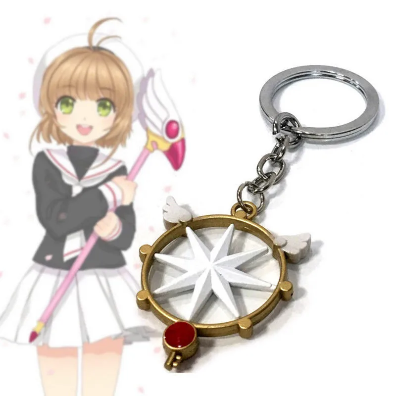 

Anime Card Captor Sakura Kinomoto Clear Card Key Metal Keychain Rotatable keyring necklace accessories cosplay prop