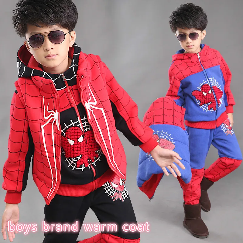 New baby suit clothes for boys 3-14 year kids boy winter coat jacket boys brand spider man warm coat+vest+pant 3 pieces 26155b