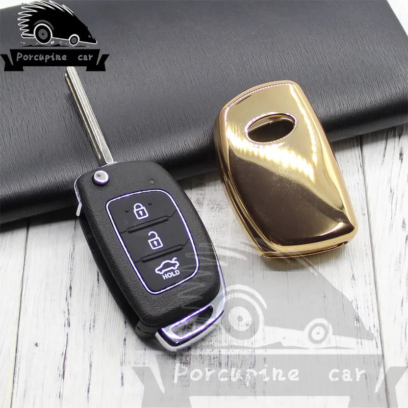 Чехол для автомобильного ключа из ТПУ для HYUNDAI HB20 Cocolockey Ix45 IX35 Santa Fe откидной Чехол для пульта дистанционного управления чехол для ключа 3 кнопки Fob автомобильный стиль - Название цвета: Золотой