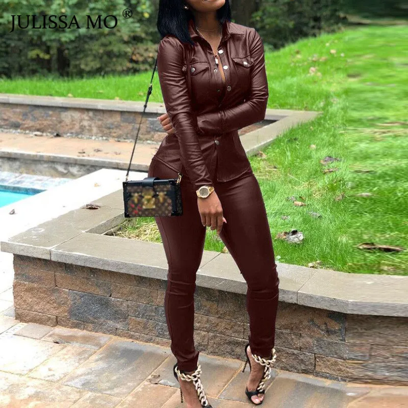 JULISSA MO 2 Piece Set PU Leather Tracksuit Women Overalls Long Sleeve T-Shirt+High Waist Pants Casual Button Jumpsuit Outfits JULISSA MO 2 Piece Set PU Leather Tracksuit Women Overalls Long Sleeve T-Shirt+High Waist Pants Casual Button Jumpsuit Outfits