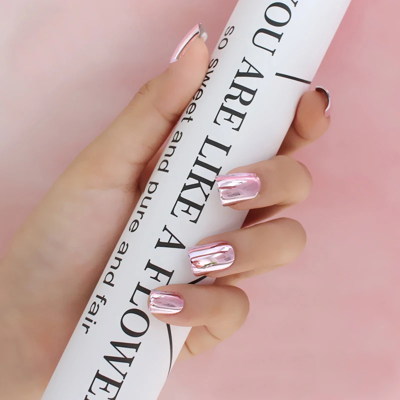 

Reflective Mirror Light Soft Pink Metal Plating False French Acrylic Nail Tips Metallic Square Fake Nails Without Nail Glue