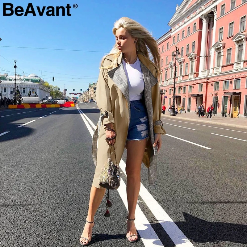 CAMEL BeAvant отложной воротник сшивание Женский Тренч винтажное клетчатое осенне-зимнее длинное пальто с поясом Женское пальто - Цвет: CAMEL