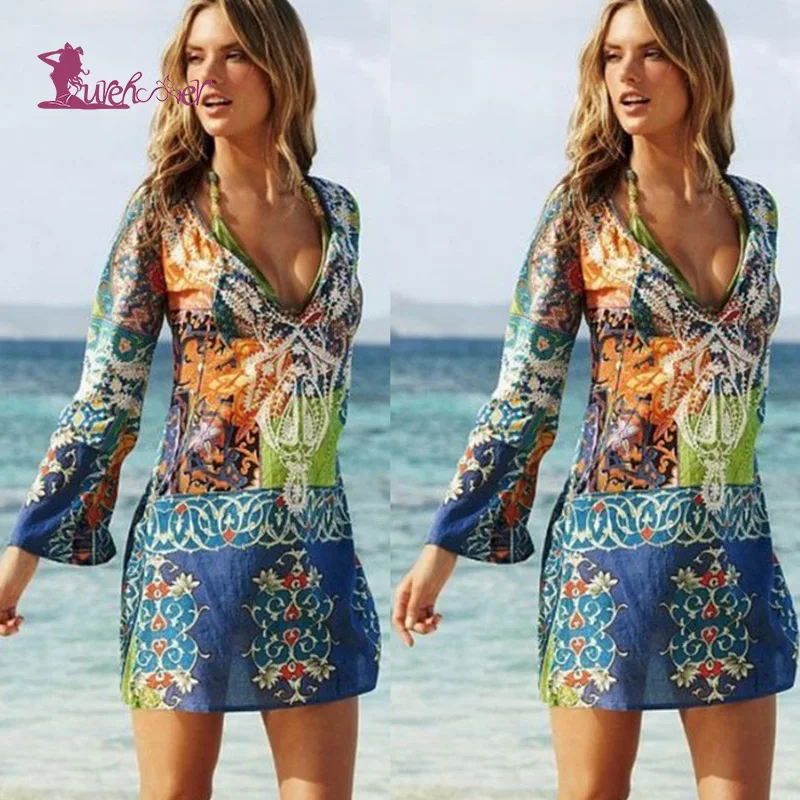 

Lurehooker Women Sexy Print V neck Beach Dress Floral Bikini Cover up Long Sleeve Beachwear for Female Chiffon Beach Covers