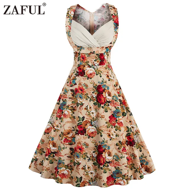 ZAFUL 2017 Винтаж Женщин Dress Feminino Vestidos Высокой Талией Женское Одеяние Рокабилли Рукавов Распечатать Midi платье Ретро Платья Плюс Размер
