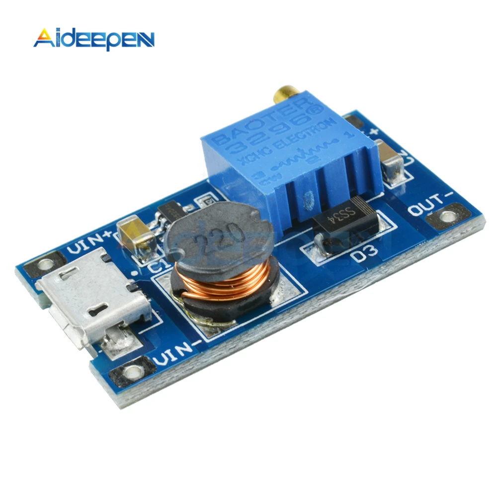 

5Pcs MT3608 DC-DC Adjustable Boost Module 2A Boost Plate Step Up Module with MICRO USB 2V-24V to 5V 9V 12V 28V