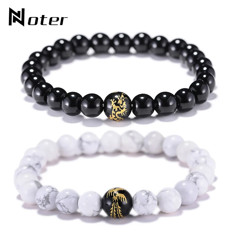 

Classic 8mm Obsidian Beads Bracelet Personalized Dragon Phoenix Couple Braslet Friendship Jewelry Yinyang Braclet Pulseras Gift
