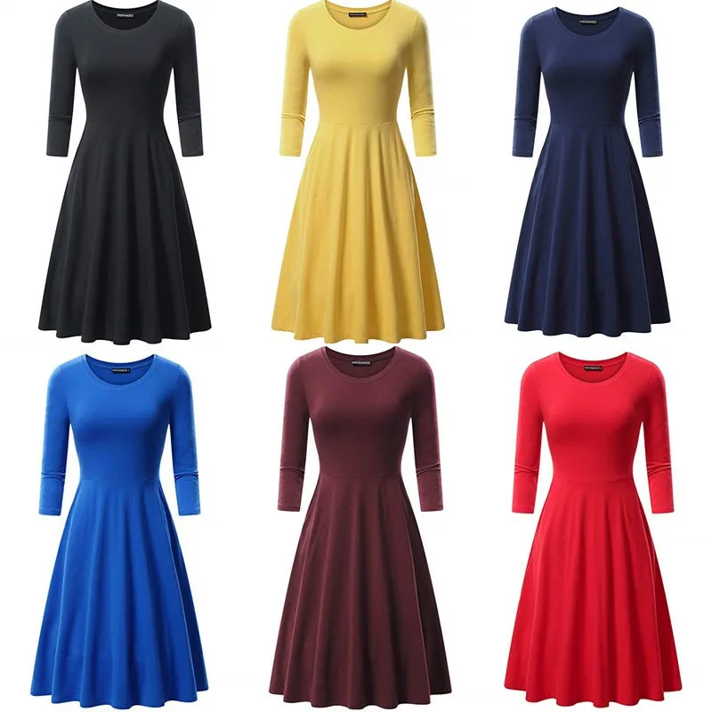 

2019 Women's Boutique Europe And America Hot Women's Solid Color Round Neck Sleeves Loose Dress