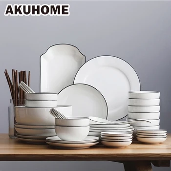 

Simple Chinese ceramic tableware set plate dish 10 people tableware gift box