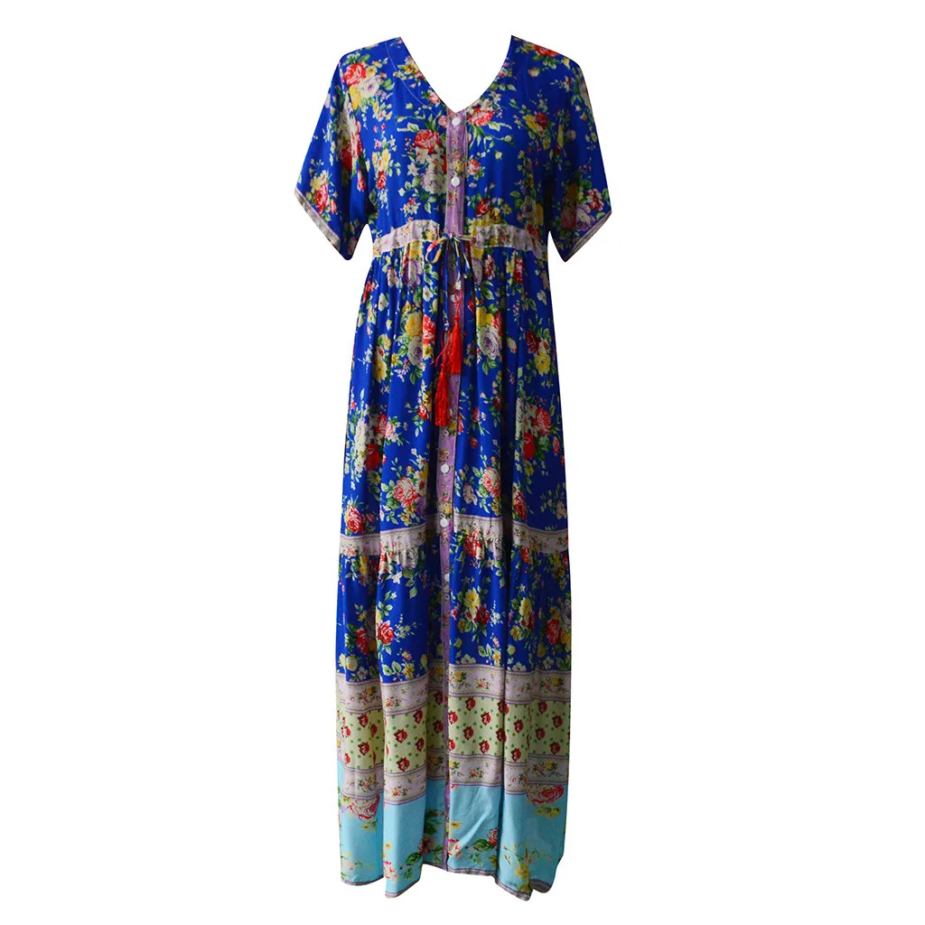 Винтажное платье с цветочным принтом Boho женское шифоновое сексуальное Макси пляжное летнее платье Vestidos с коротким рукавом Sash split Ретро длинное платье#05
