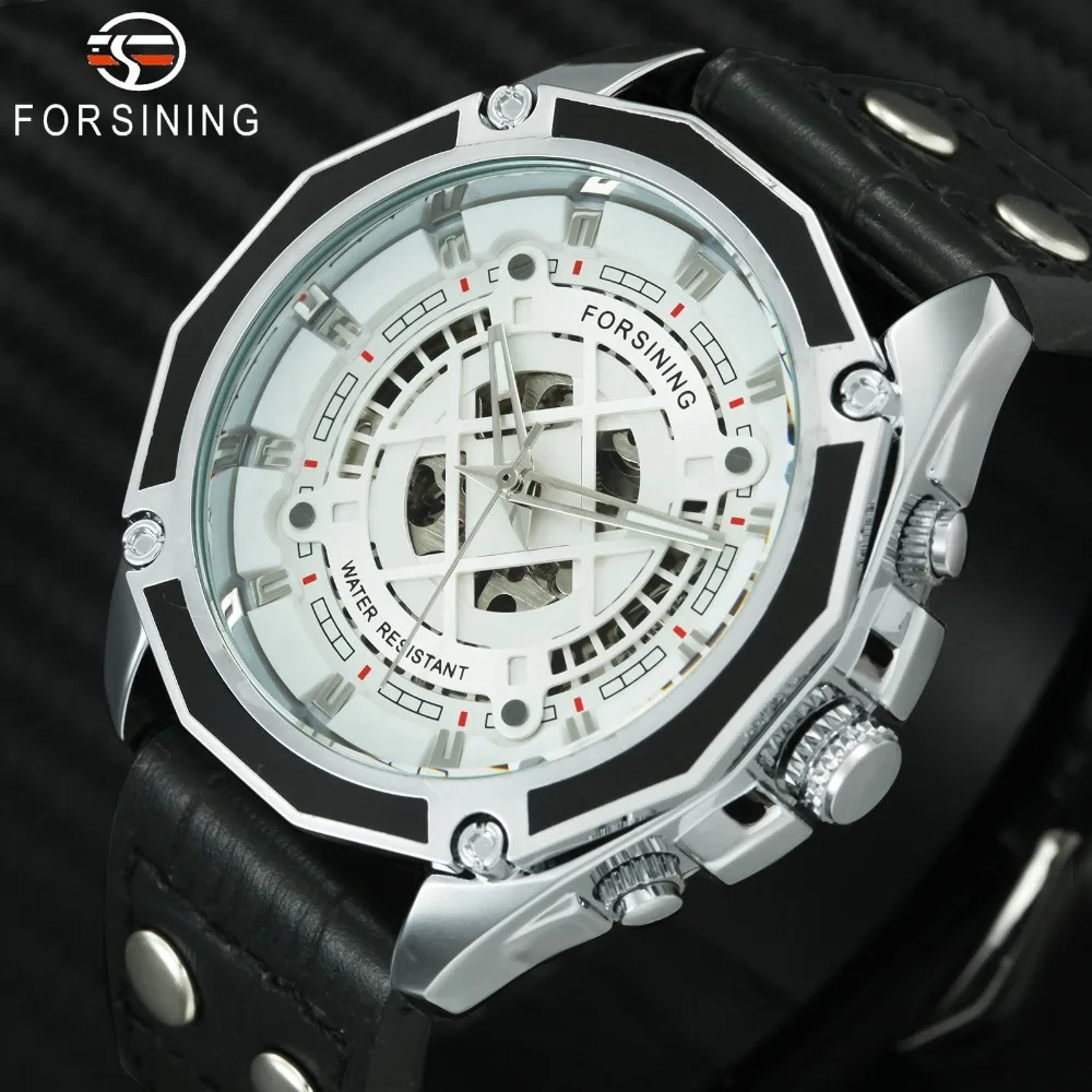 

FORSINING Fashion Sports Auto Mechanical Watch Men Skeleton Dial Leather Strap Top Brand Luxury Big Case Wristwatches Waterproof
