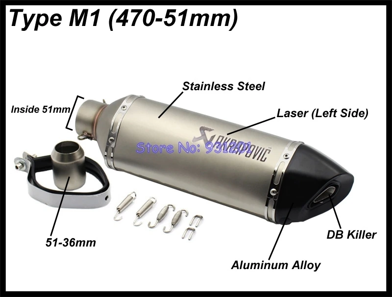 Впускной 51 мм 61 мм Левый мотоцикл глушитель трубы Akrapovic лазерная маркировка с DB Killer(длина 57 см/47 см/37 см - Цвет: Type M1
