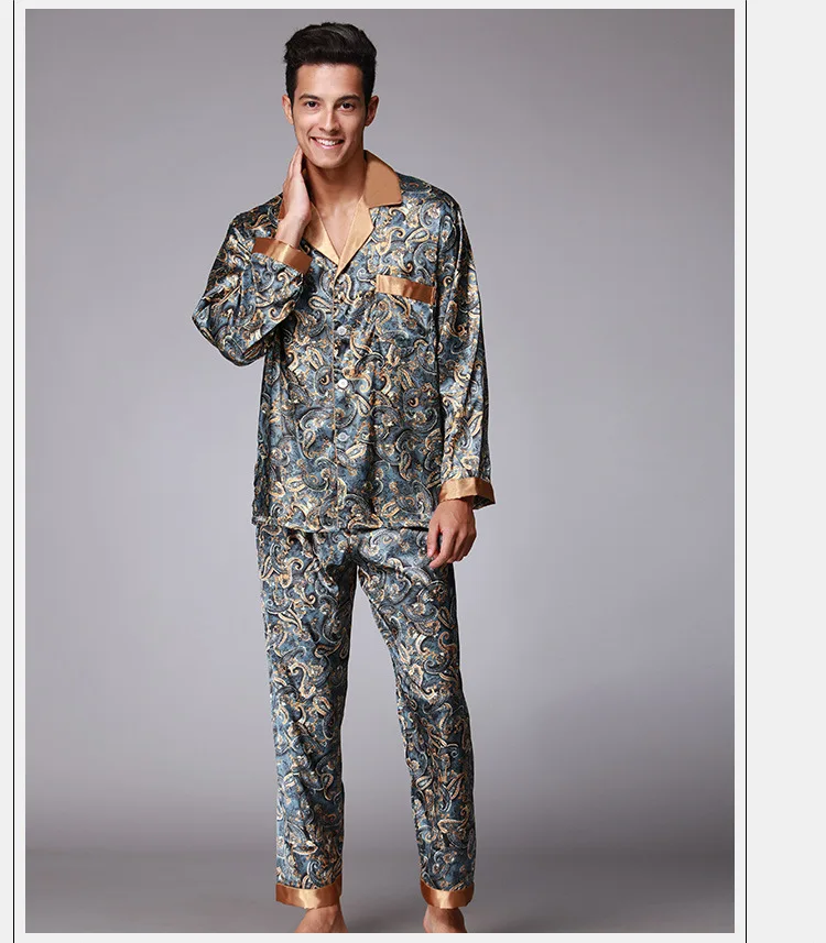 Осень 2017 г. роскошные шелковые пижамы комплект Для мужчин s пикантные атласные шелковые пижамы Повседневное домашнюю одежду для Для мужчин