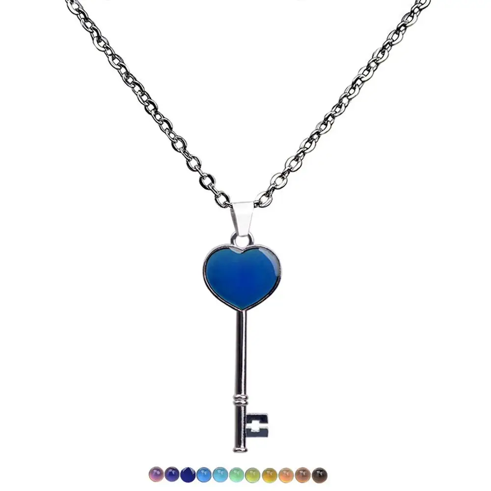 

JUCHAO Mood Necklaces Peach Heart Key Pendant Necklace Stainless Steel Chain Temperature Control for Color Change Jewelry Women