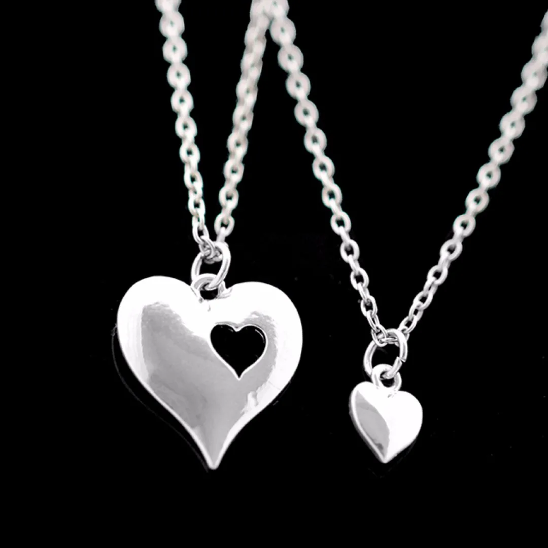 2pcs Mother and Daughter Silver Two Hearts Necklace Love Pair Set Jewelry