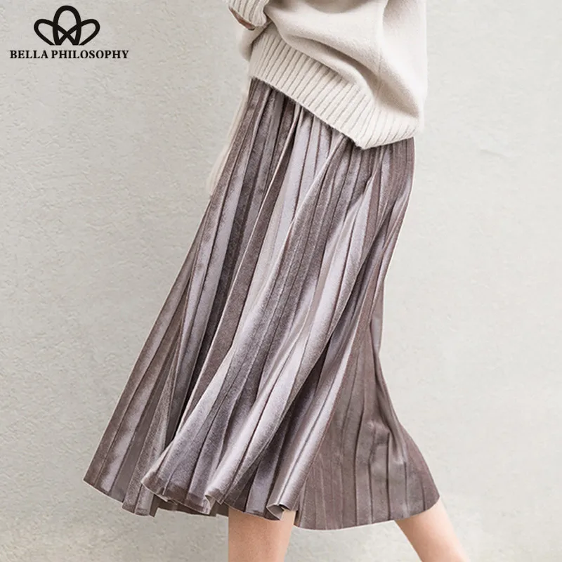 Wonder 2018 new autumn Women New Fashion Skirt Vintage Female Solid Pleated Skirt Sweet High Waist Mid Calf Pleated Skirt