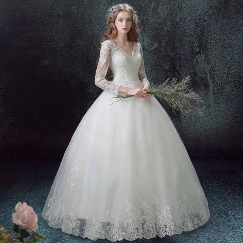 2016 Fast Delivery In Stock Tulle V Neck Full Sleeves Ball Gown Wedding