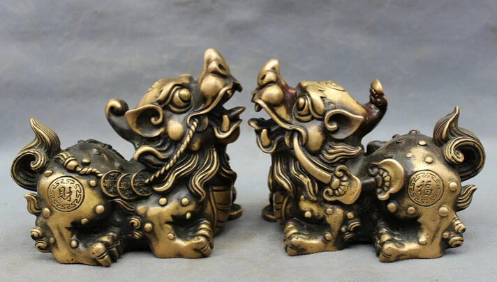 

S3692 Folk Chinese Bronze Coin Cai Fu Foo Fu Dog Lion PiXiu Unicorn Statue Animal Pair D0318