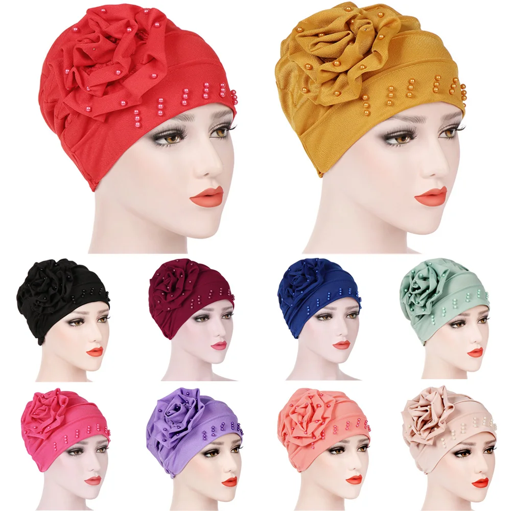 

Women Solid Color Flower & Beads Turban Hat Slouchy Baggy Cap Hair Head Wrap Cap HATQD0016