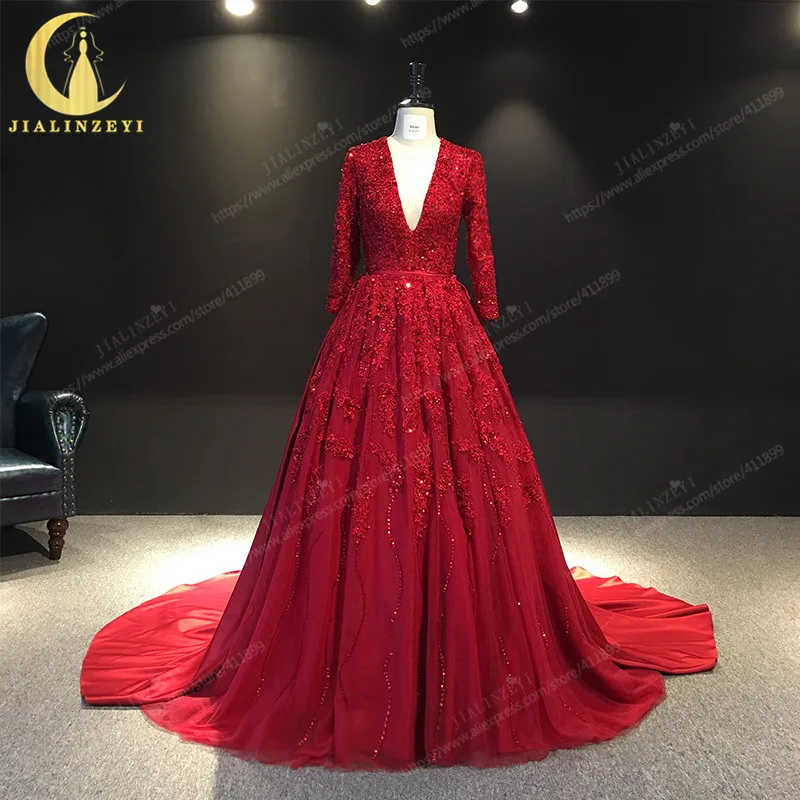 

JIALINZEYI Real Sample Wine Red Half Sleeves Lace Appliques with Satin Train Open back Dress for Party Evening Dresses