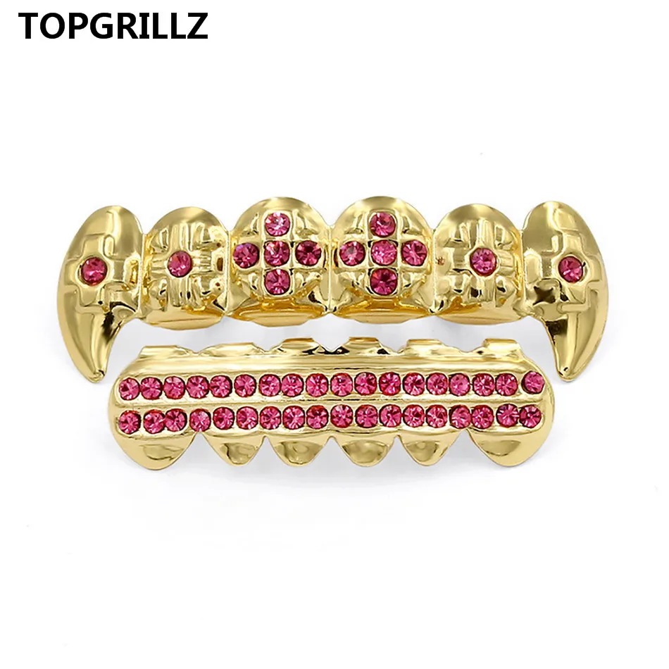 TOPGRILLZ Настоящее розовое золото цвет покрытием ICED OUT CZ зубы GRILLZ крест сверху и снизу зуб шапки Хип Хоп Bling Золотые грили - Окраска металла: Pink Set