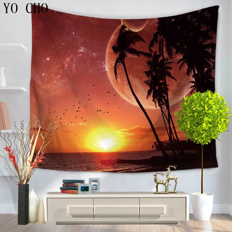 

YO CHO Sunset Tapestry Beach Hawaiian Decor Sunlight Reflection on Sea Evening View Bedroom Living Room Dorm Art Wall Hanging