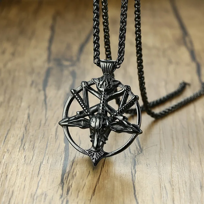

Stylish Devil Satan Goat Head Pendant Necklaces for Men Semon Pentagram Black Stainless Steel Rock Punk Collar with 24" Chain