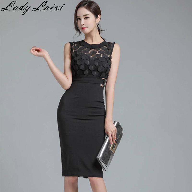 

2019 Summer New perspective Mesh Patchwork Dress Women Fitted Sheath pencil Dresses sleeveless Party OL Bodycon work Vestidos