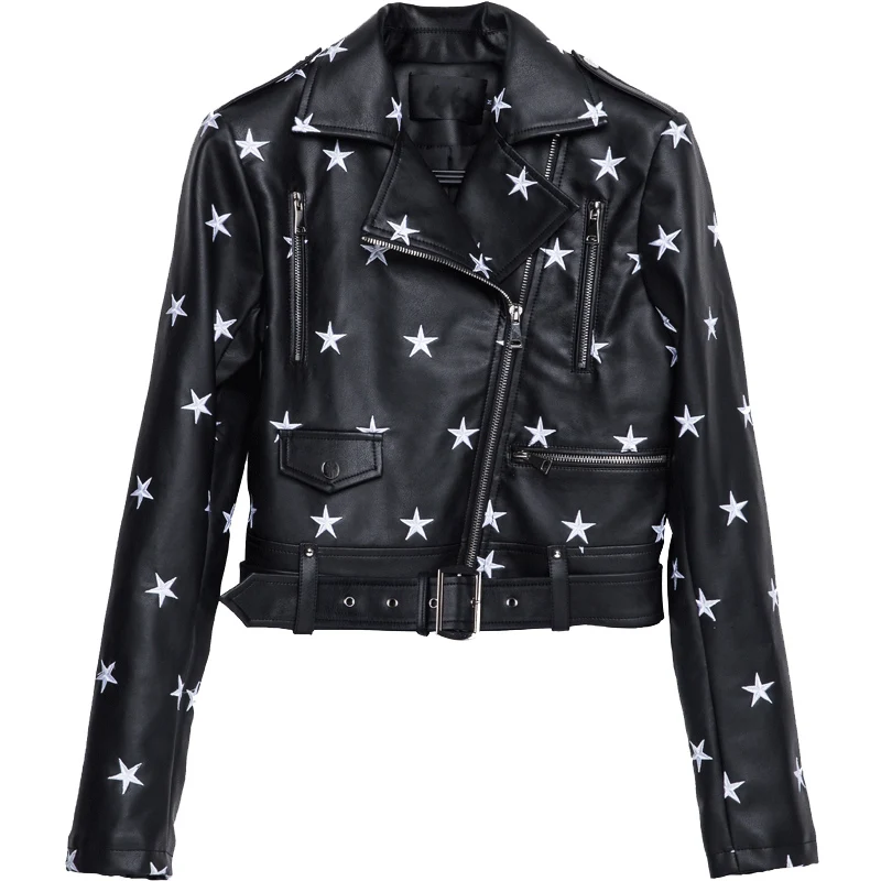 NXH Street Fashion PU Leather Jacket New Womens Star Embroidery Casual Motorcycle Jackets bright streetwear clothes women