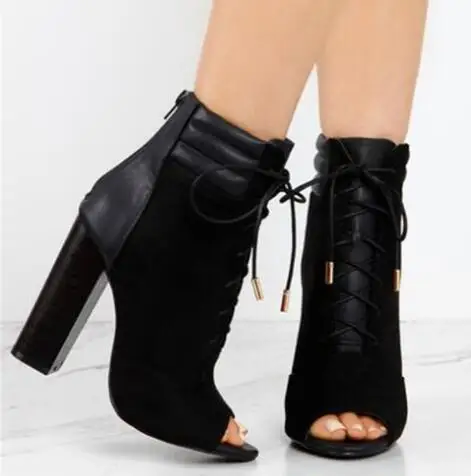 

New Design Women Elegant Black Suede-Leather Patchwork Lace-up Chunky Heel Short Boots Open Toe Thick Heel Ankle Booties
