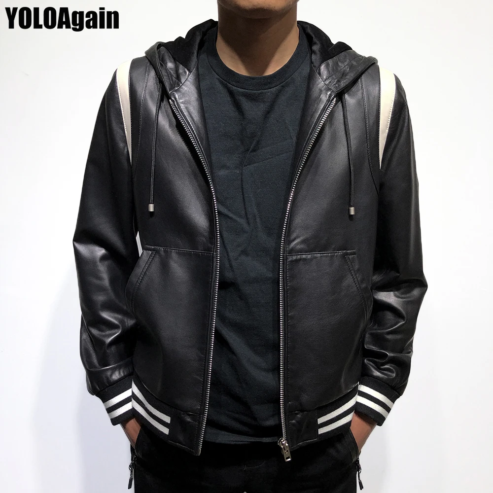 

YOLOAgain Men's genuine leather jacket Male long sleeve casual black real sheep leather jacket