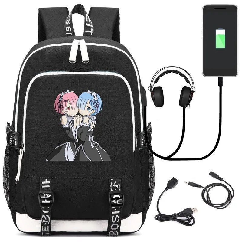 

Re Life in a different world from zero USB Backpack School Bookbag Kids Teens Laptop Travel Shoulder Bag Cartoon Game Bags