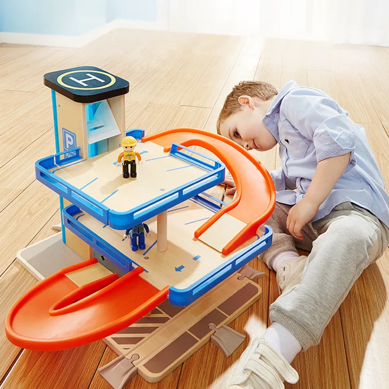 

Wooden Multi-layer Luxury 3-story t parking lot model Educational toy Assemble Cartoon car Traffic manager figures role play toy