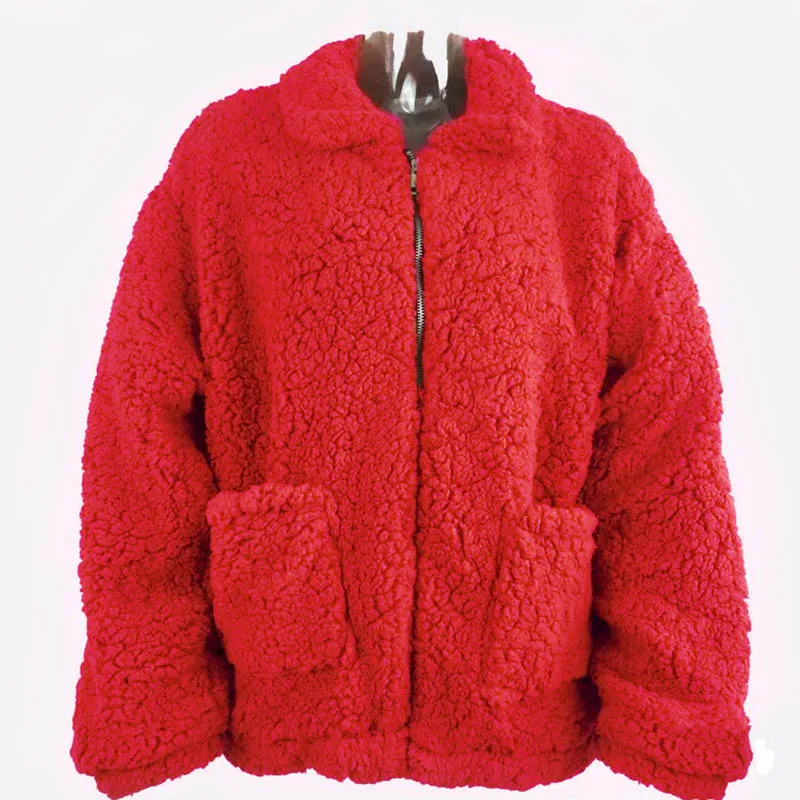 Должна быть элегантная розовая шуба из искусственного меха на молнии с длинным рукавом Толстая теплая зимняя куртка пальто женская модная верхняя одежда Camel PC306 - Цвет: red