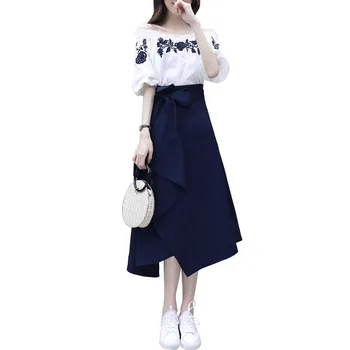 

Summer Women Plus Size 3XL Two Pieces Sets Office Lady Slash Neck Floral Embroidery Tops + Irregular Bow Belt Long Skirts Set