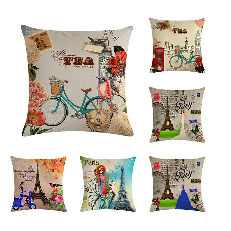 cheap Cotton Linen Cushion Cover Retro Vintage Franch Paris Bicycles Tower Pillow Cover Car Sofa Throw Pillowcase Home Decor ZY350