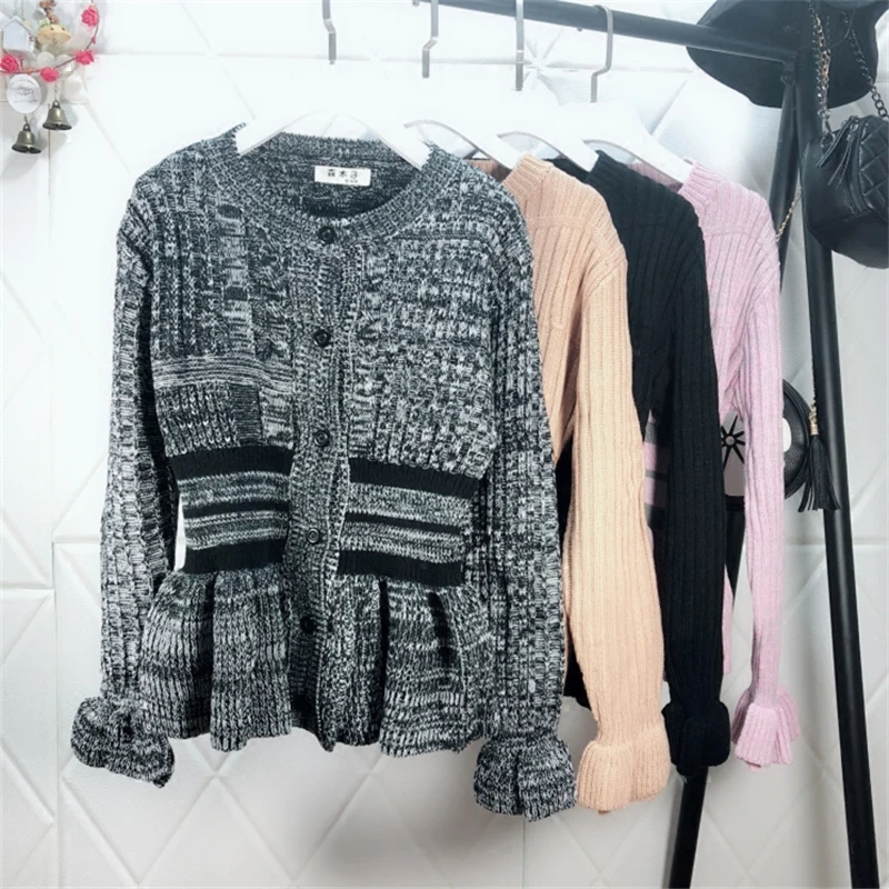 women sweater open stitch o-neck cardigans butterfly sleeve ruffles solid casual female 2018 spring and autumn new Sweaters