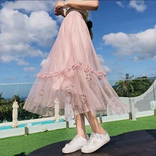 Женская летняя длинная фатиновая юбка в Корейском стиле, Милая юбка-пачка с бусинами, 3D Цветочная отделка, сетчатая туника, плиссированное в стиле ампир, юбка-пачка для женщин