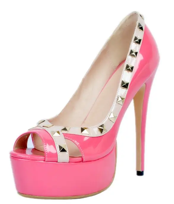 

Spring and Autumn Fashion rose red high heels ladies patent leather rivets decoration sexy stiletto peep toe wedding shoes