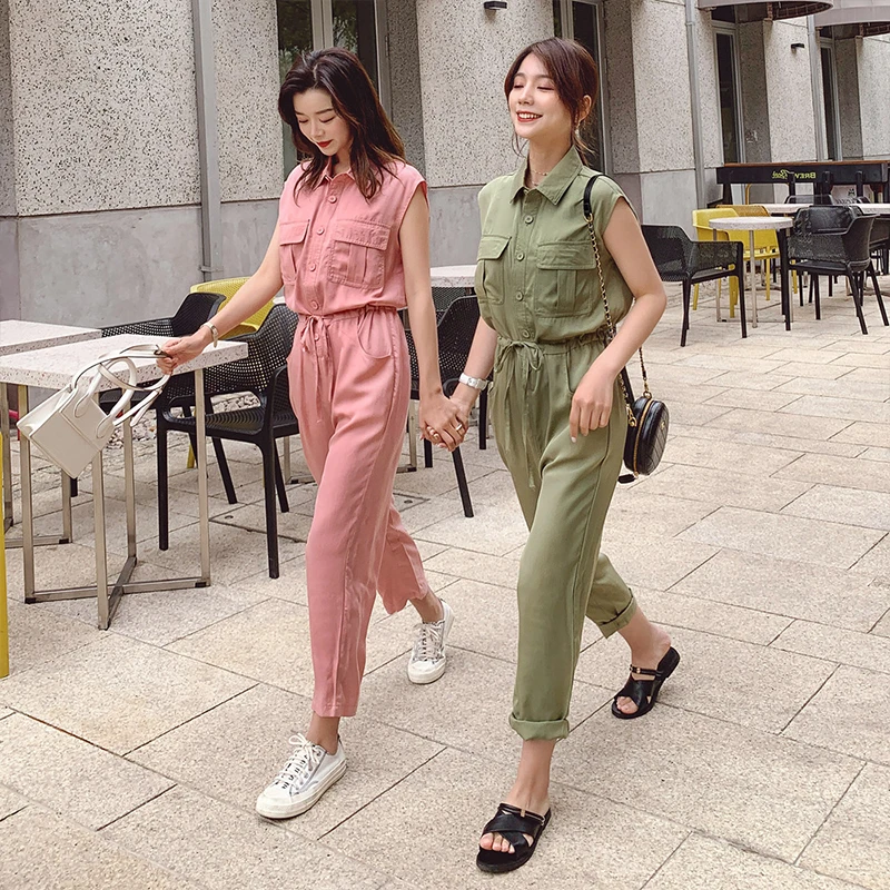 

fashion summer work style women temperament outdoor comfortable solid beach jumpsuit cute casual sleeveless fresh long jumpsuit