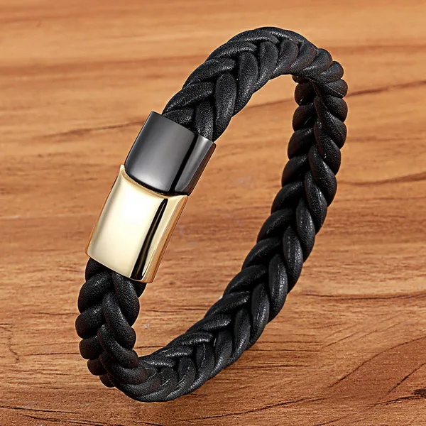 XQNI крутой панк черный золотой Нержавеющая сталь Магнитная кнопка дизайн натуральная кожа браслет для мужчин модные браслеты мужской подарок - Окраска металла: Style 05 Black